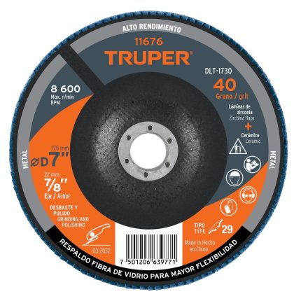 DISCO LAMINADO  7", GRANO 40 CENTRO 7/8" FIBRA - TRUPER