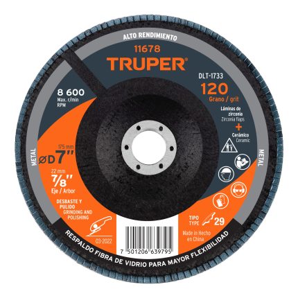 DISCO LAMINADO 7", GRANO 120 CENTRO 7/8" - TRUPER